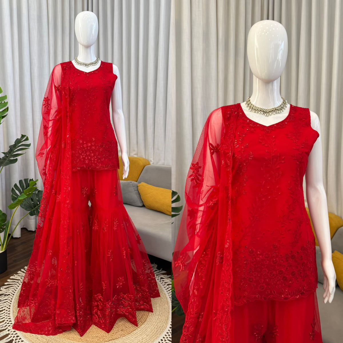 Crimson Red Sequin & Thread Embroidered Sharara Set