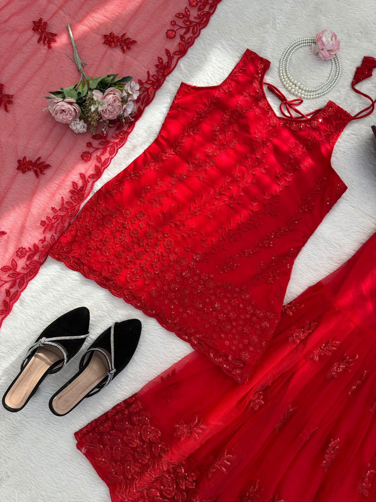 Crimson Red Sequin & Thread Embroidered Sharara Set