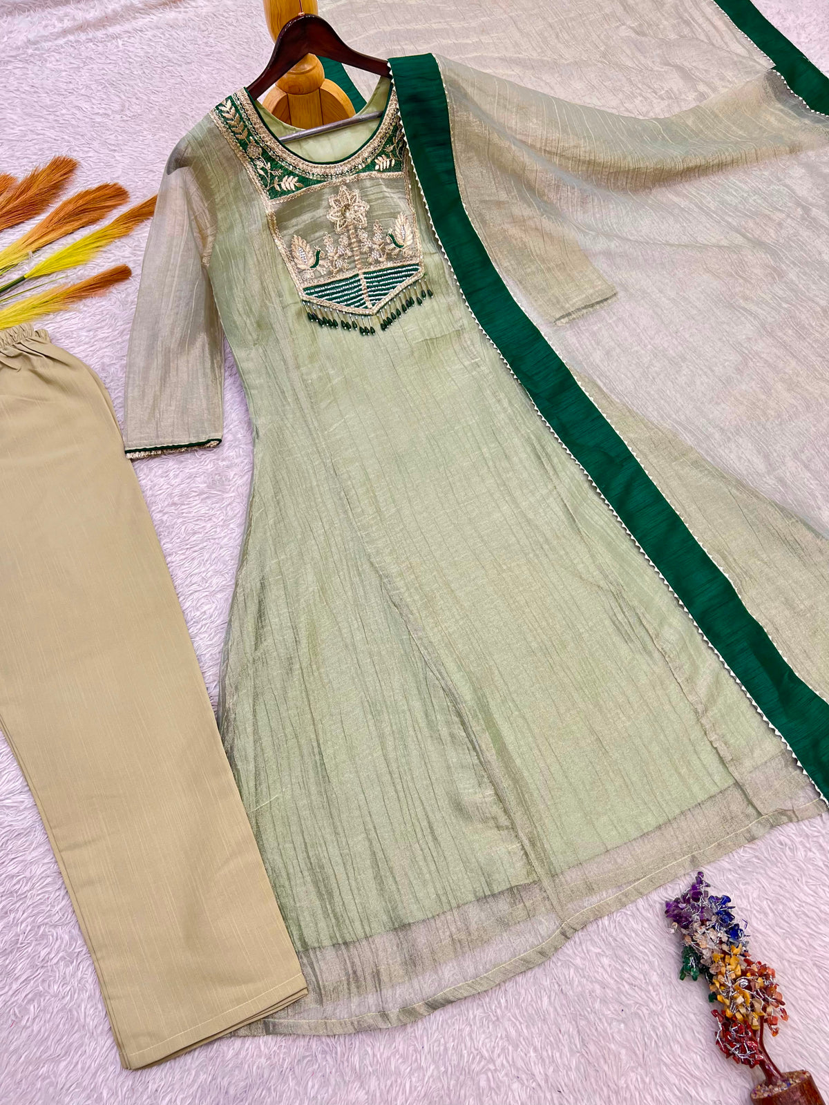 Women's Pista Green Anarkali Suit Set with Embroidered