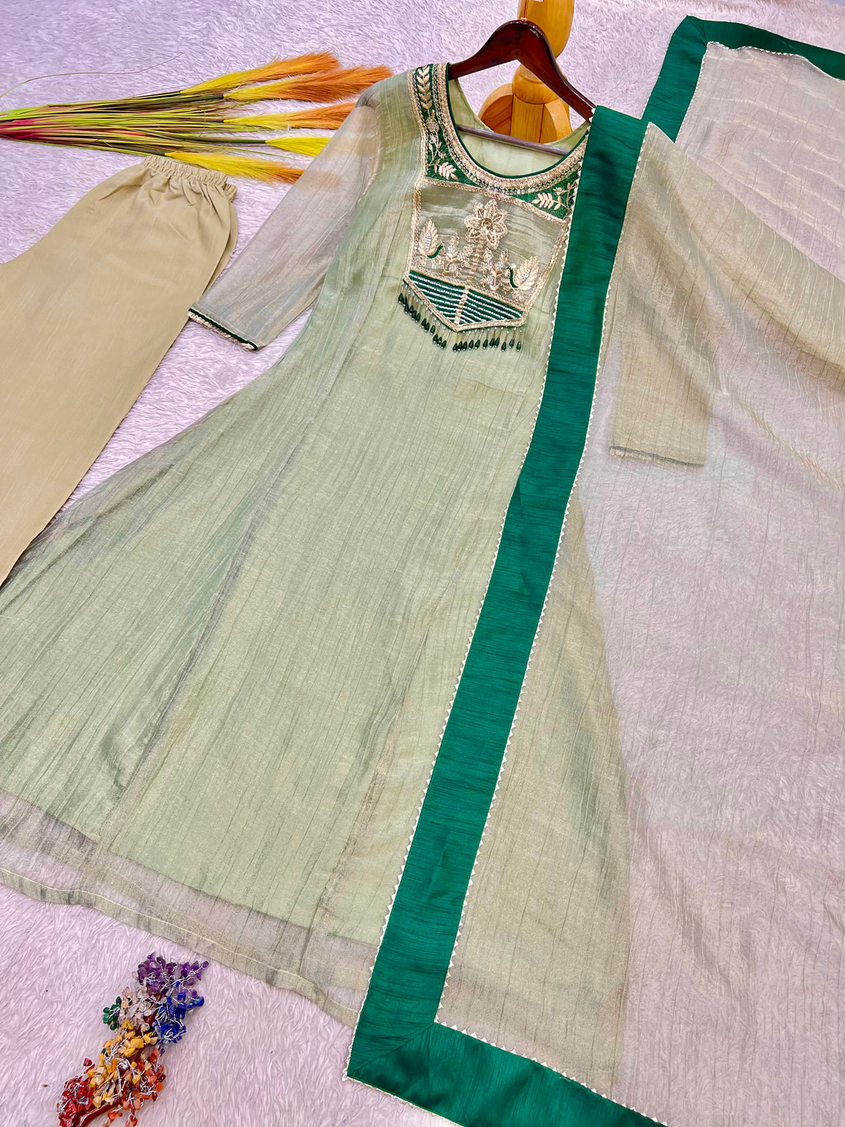 Women's Pista Green Anarkali Suit Set with Embroidered