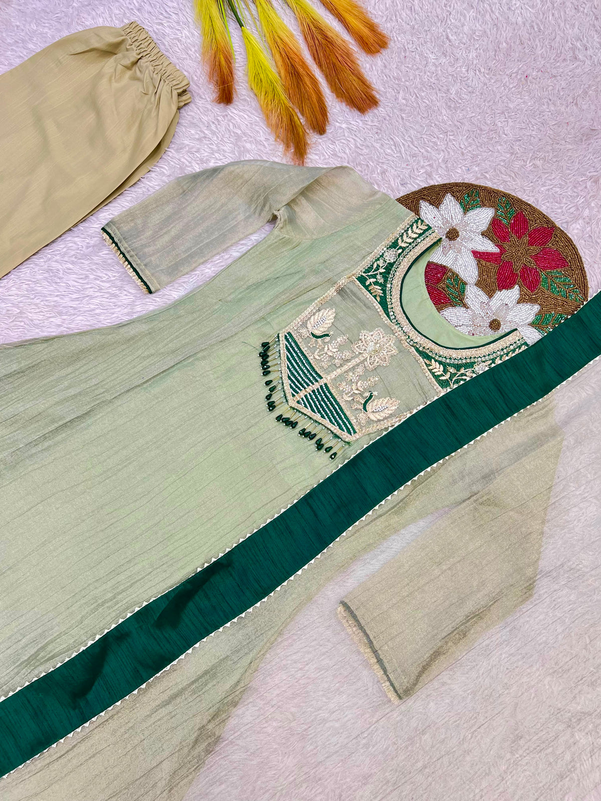 Women's Pista Green Anarkali Suit Set with Embroidered