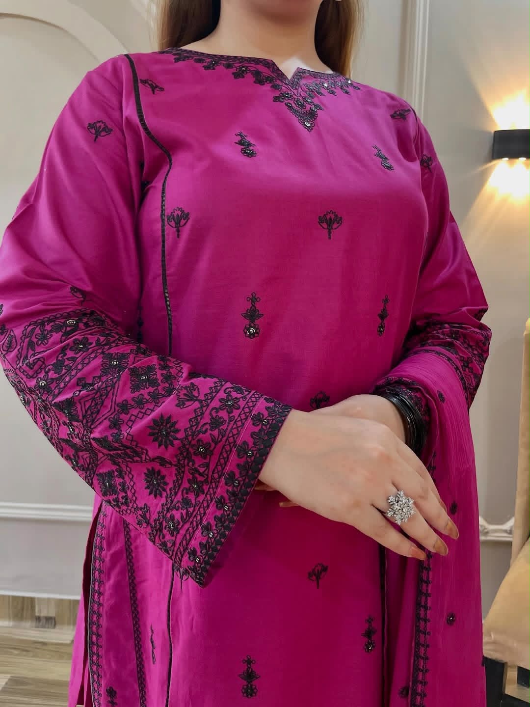Women’s Rani Pink Embroidered Straight Kurta Pant Set with Dupatta