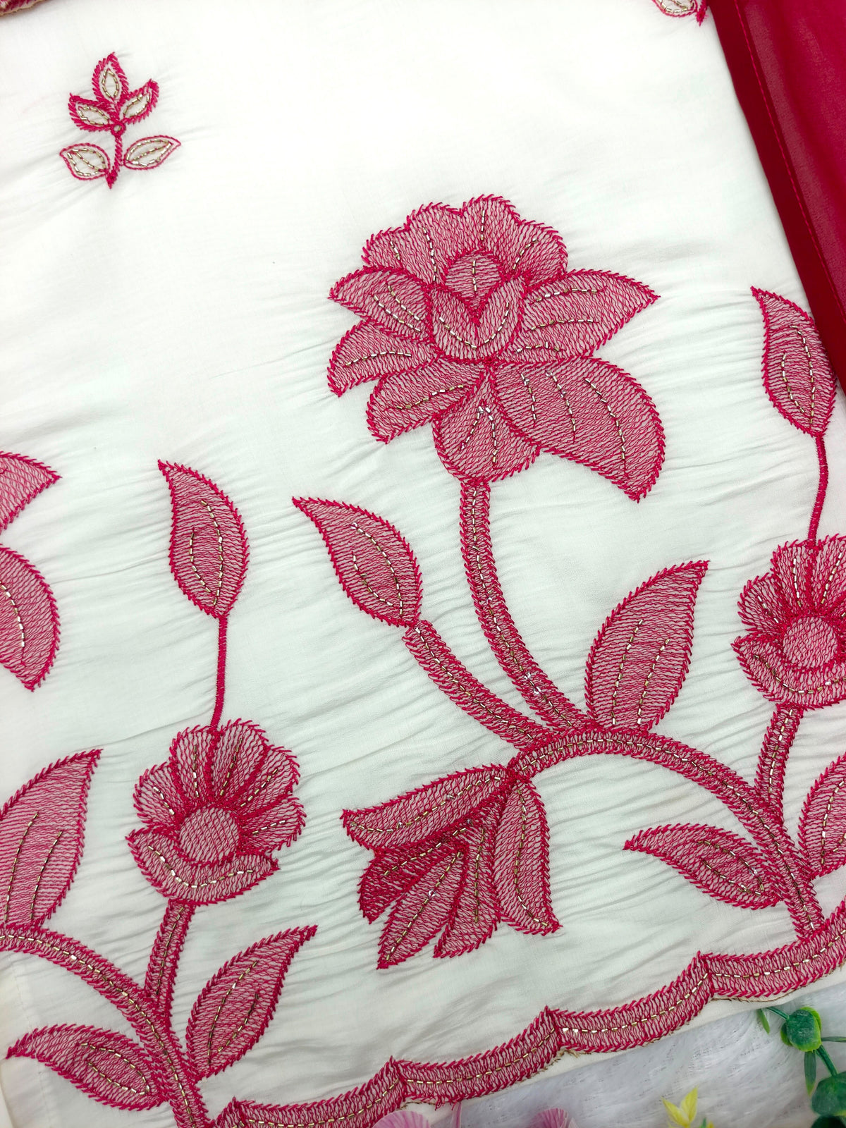 Ivory & Deep Pink Cutwork Embroidered Straight Kurta Set