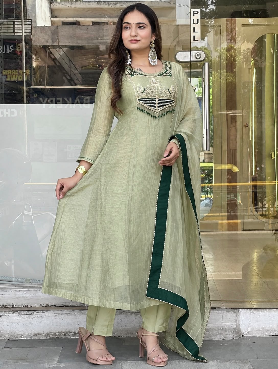 Women's Pista Green Anarkali Suit Set with Embroidered