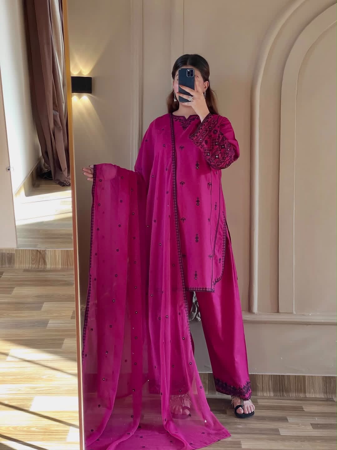 Women’s Rani Pink Embroidered Straight Kurta Pant Set with Dupatta