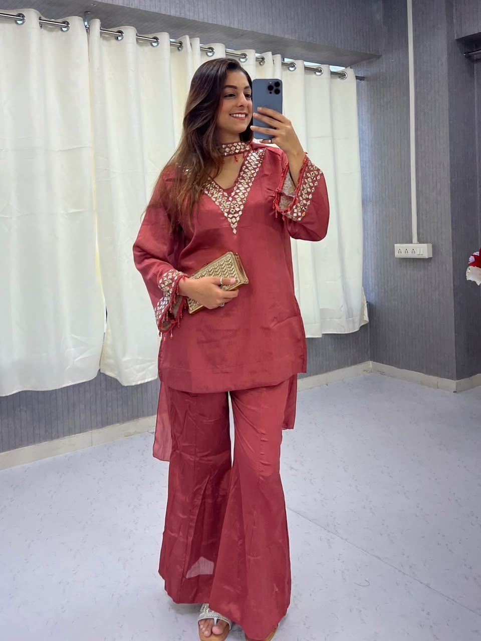 Paired with Hand Zari -Mirror work   & Glass Moti Lace Work.