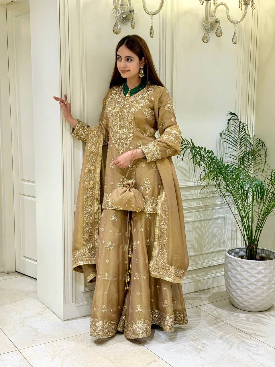 Golden Beige Heavy Zardozi Hand-Embroidered Tissue Silk Suit Set