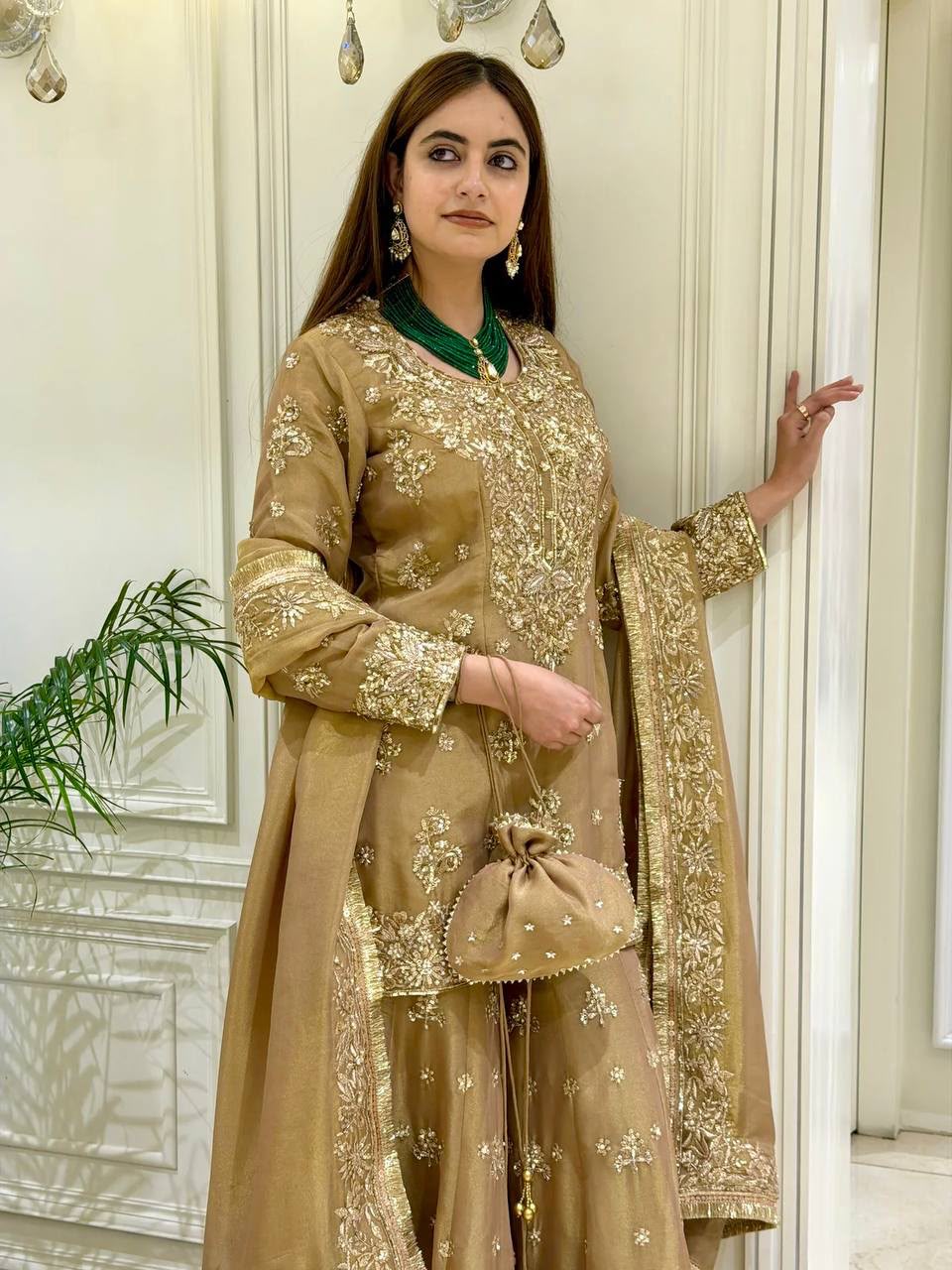 Golden Beige Heavy Zardozi Hand-Embroidered Tissue Silk Suit Set