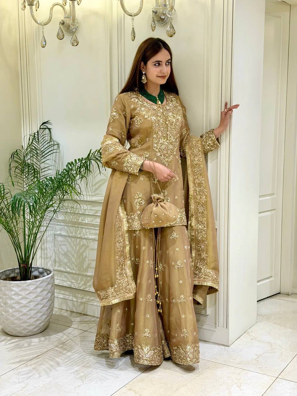 Golden Beige Heavy Zardozi Hand-Embroidered Tissue Silk Suit Set