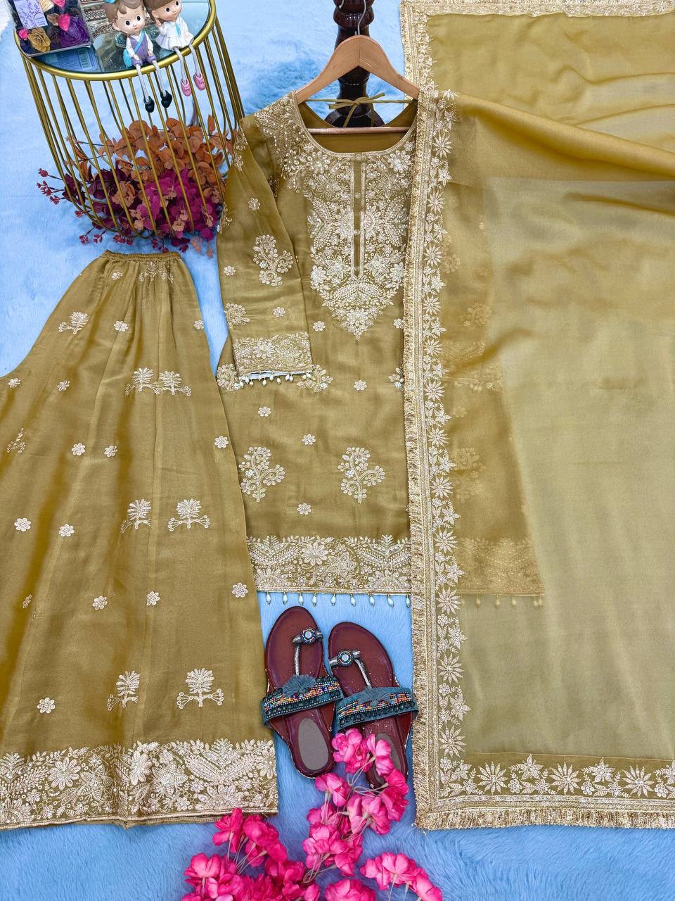 Golden Beige Heavy Zardozi Hand-Embroidered Tissue Silk Suit Set
