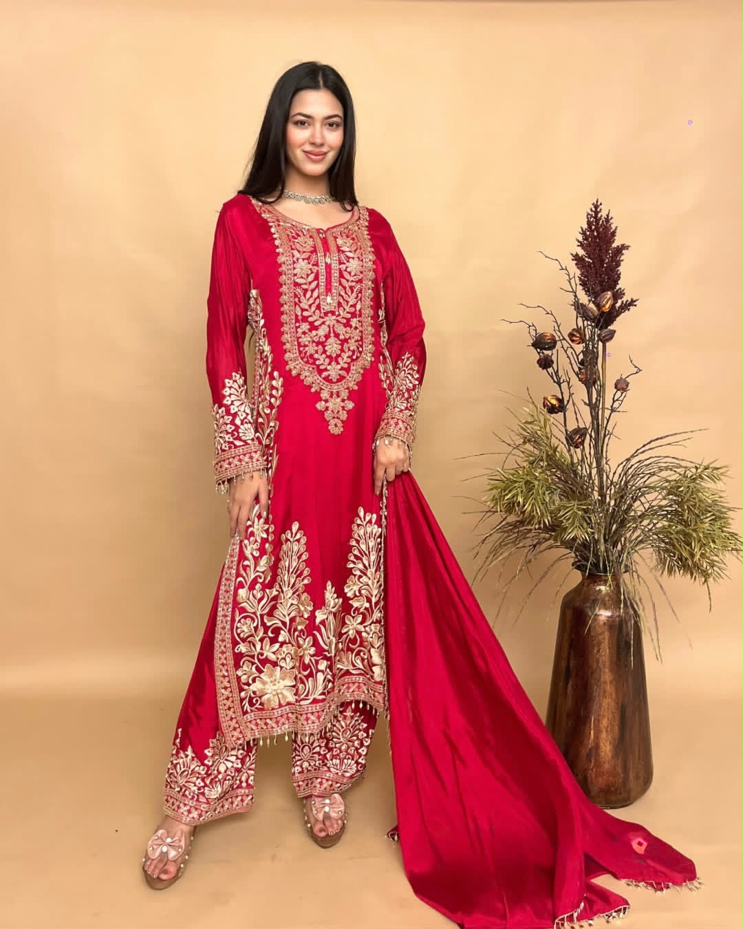 Royal Red Floral Hand-Embroidered Straight Suit Set