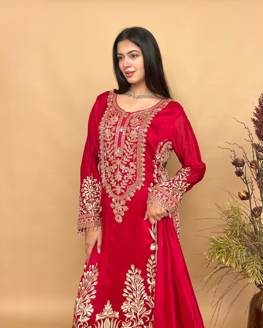 Royal Red Floral Hand-Embroidered Straight Suit Set