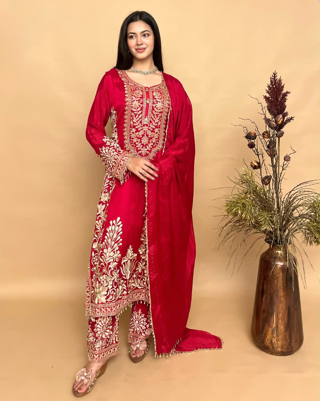 Royal Red Floral Hand-Embroidered Straight Suit Set