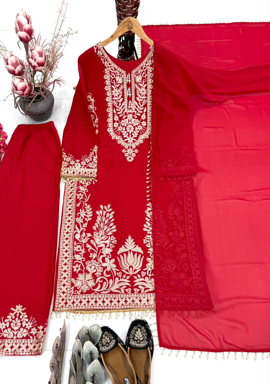Royal Red Floral Hand-Embroidered Straight Suit Set