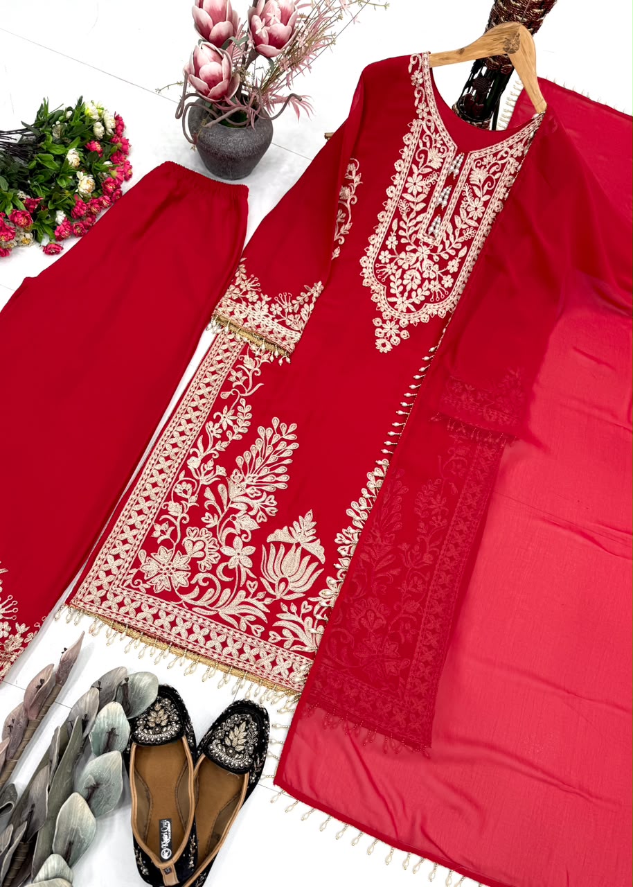 Royal Red Floral Hand-Embroidered Straight Suit Set