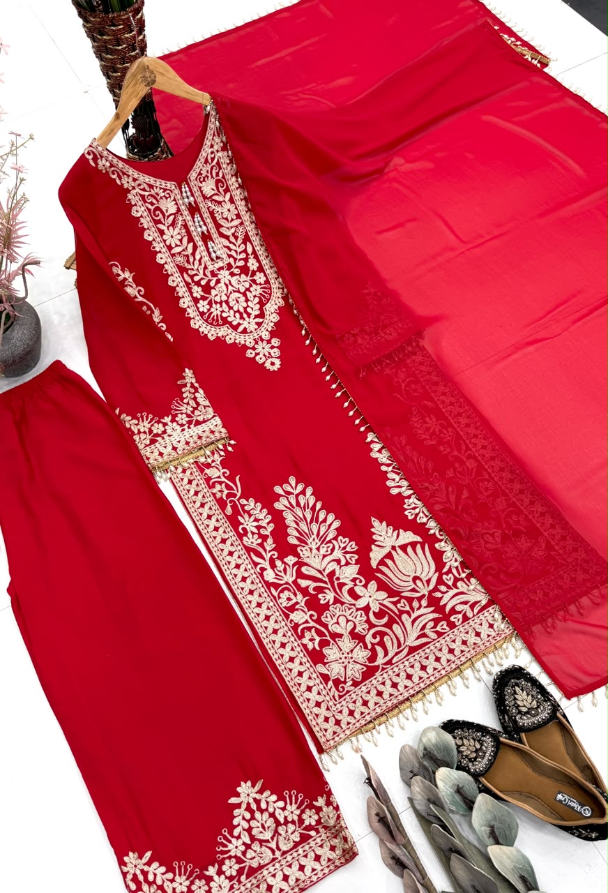 Royal Red Floral Hand-Embroidered Straight Suit Set