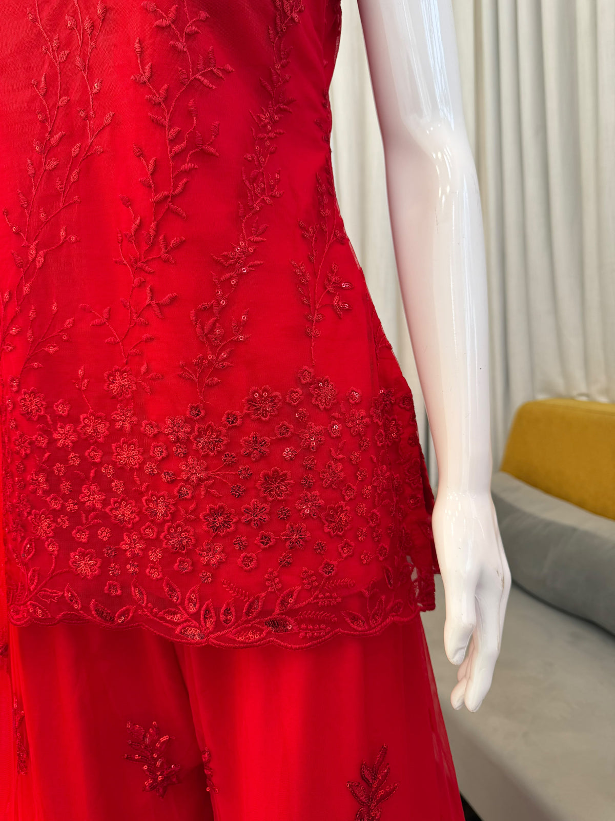 Crimson Red Sequin & Thread Embroidered Sharara Set