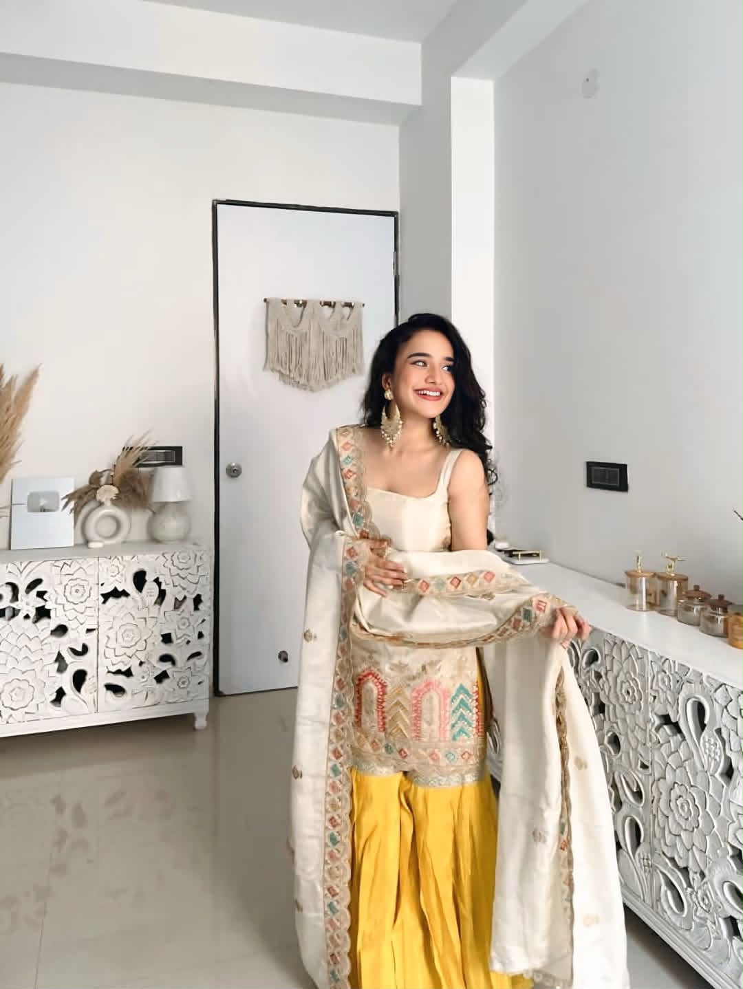 Festive Ivory Short Kurta with Bright Yellow Sharara & Lace-Trimmed Dupatta