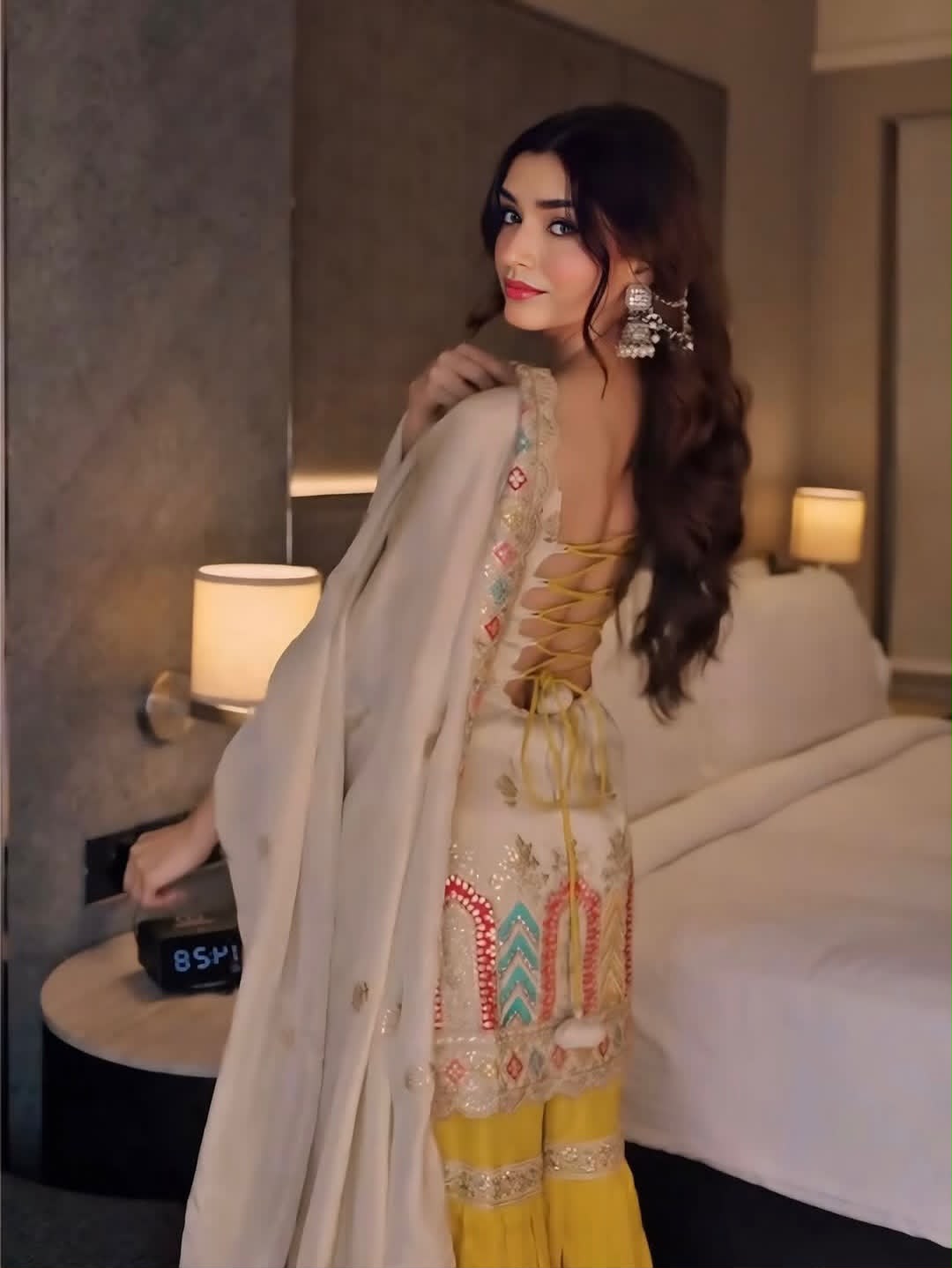 Festive Ivory Short Kurta with Bright Yellow Sharara & Lace-Trimmed Dupatta