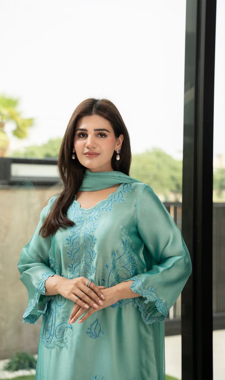 Pastel Teal Embroidered Straight Suit with Cutwork Hem & Two-Tone Ombre Dupatta