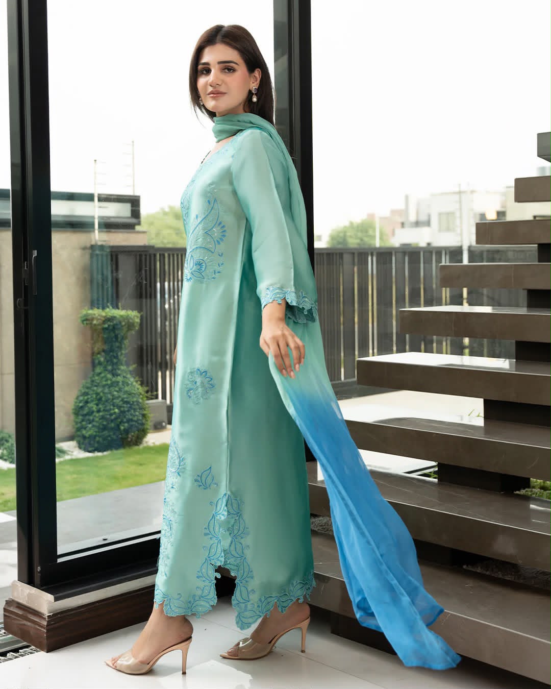 Pastel Teal Embroidered Straight Suit with Cutwork Hem & Two-Tone Ombre Dupatta