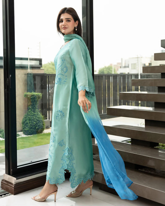 Pastel Teal Embroidered Straight Suit with Cutwork Hem & Two-Tone Ombre Dupatta