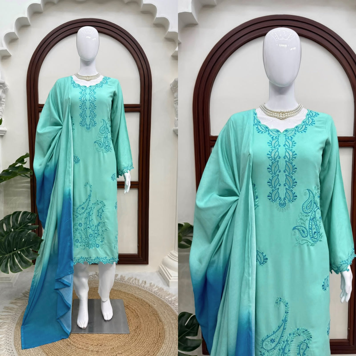 Pastel Teal Embroidered Straight Suit with Cutwork Hem & Two-Tone Ombre Dupatta
