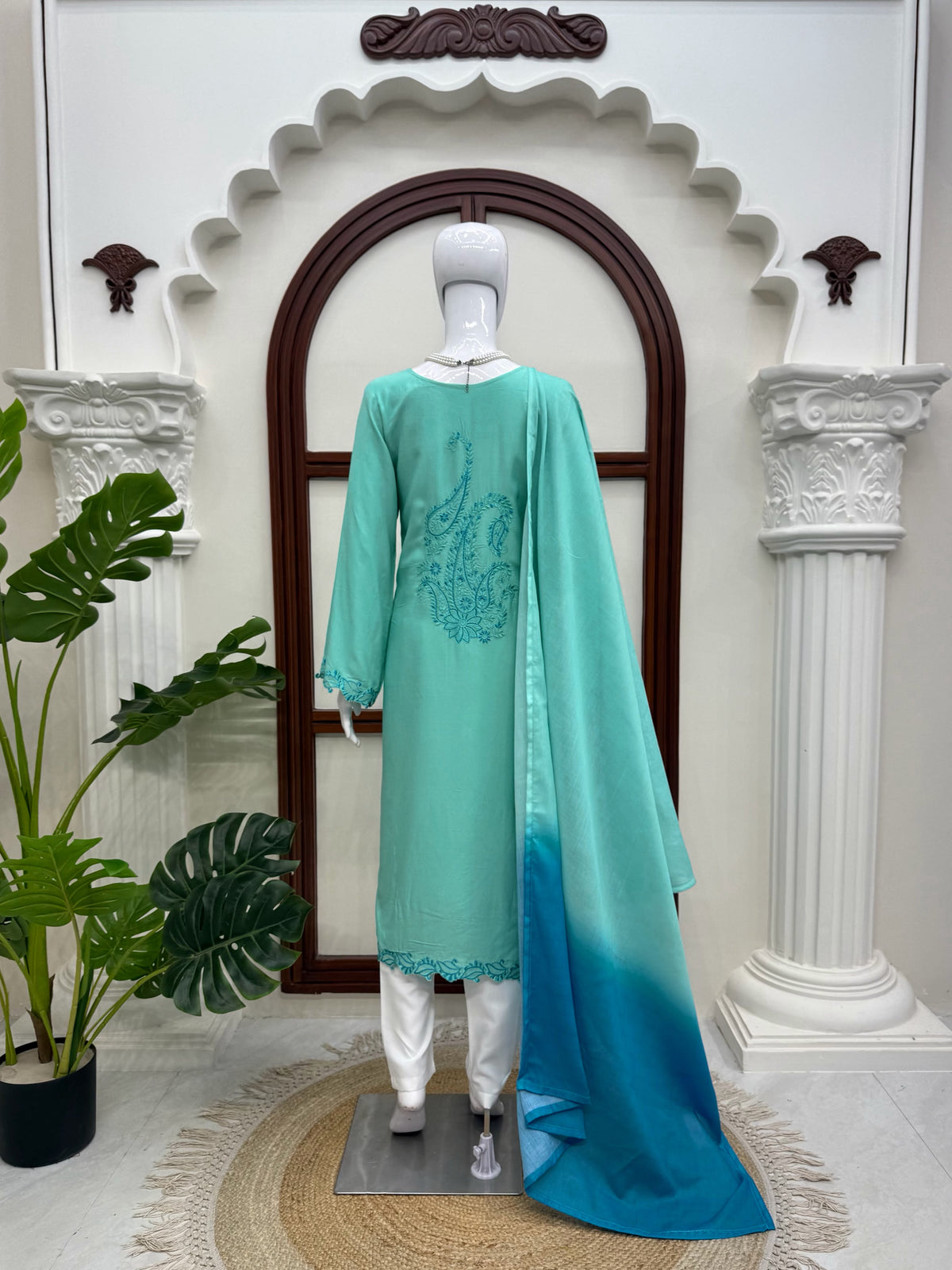 Pastel Teal Embroidered Straight Suit with Cutwork Hem & Two-Tone Ombre Dupatta