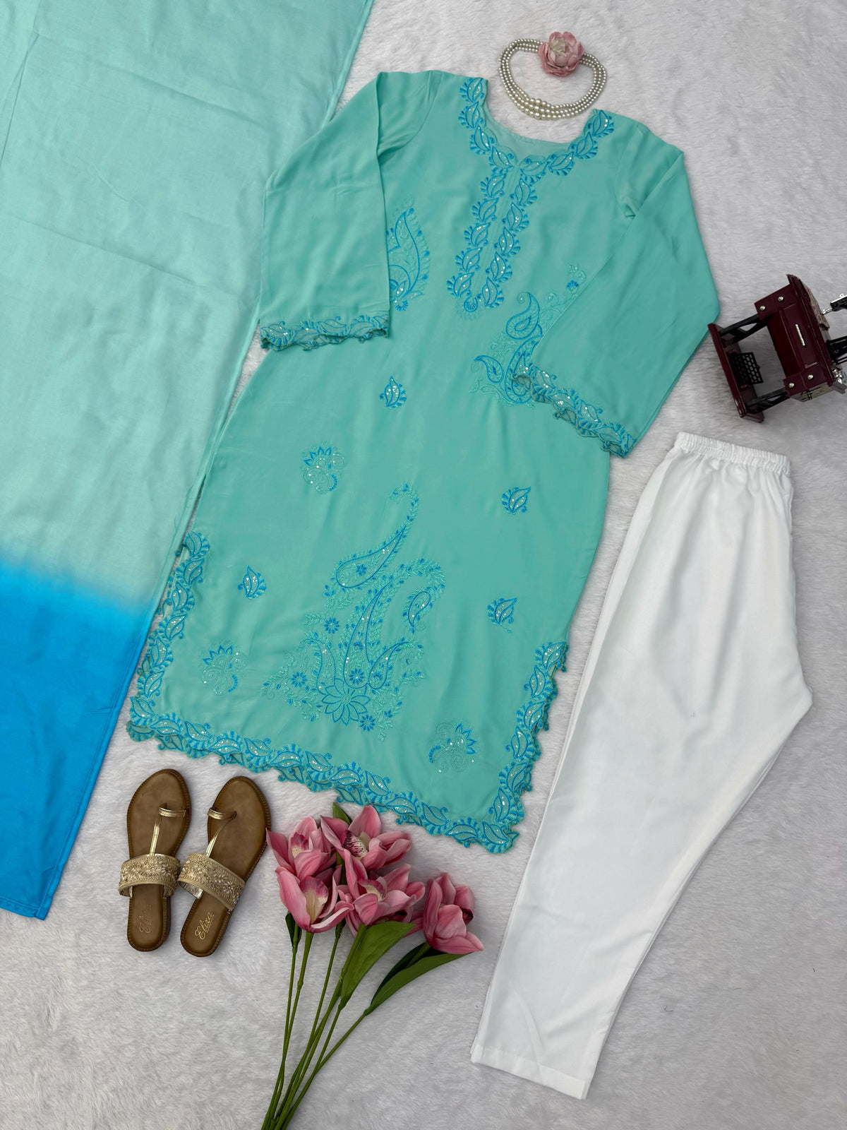Pastel Teal Embroidered Straight Suit with Cutwork Hem & Two-Tone Ombre Dupatta