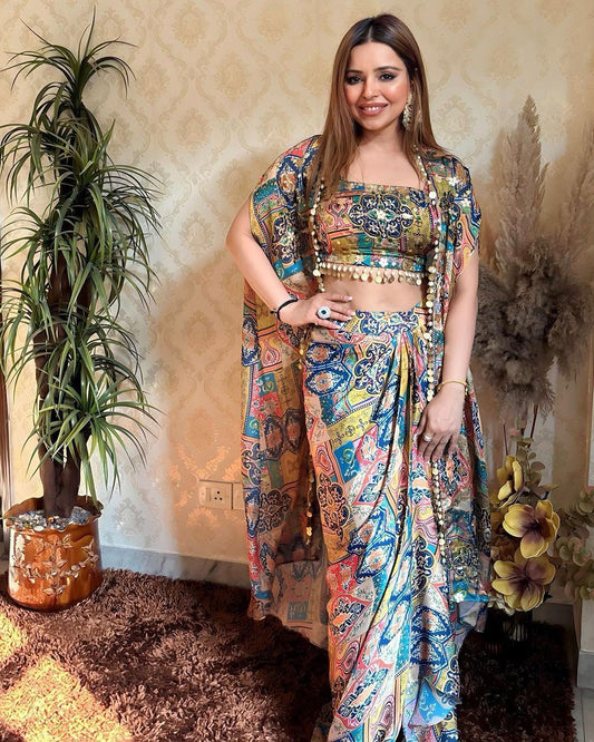 Bohemian Printed Crop Top, Draped Skirt & Cape Set with Shell Trim Accent With Unstitched Blouse