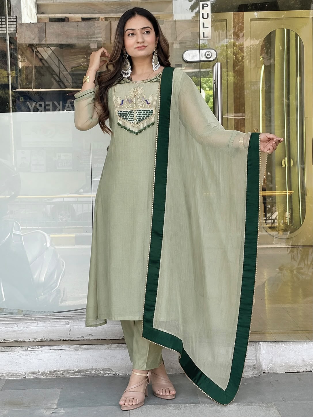 Women's Pista Green Anarkali Suit Set with Embroidered