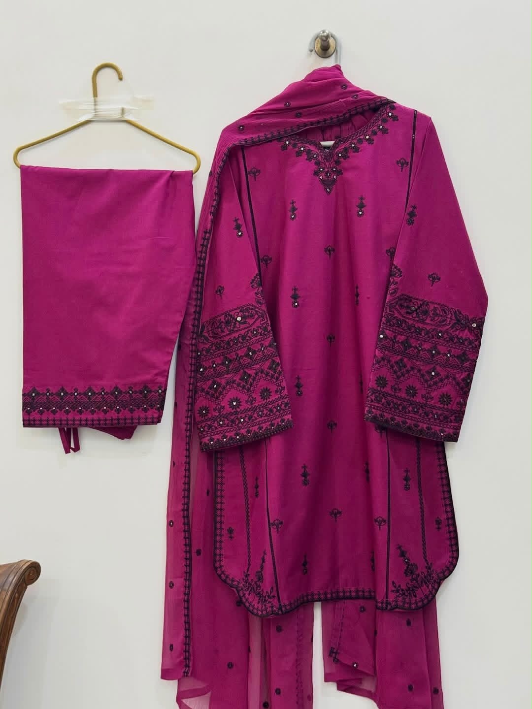 Women’s Rani Pink Embroidered Straight Kurta Pant Set with Dupatta