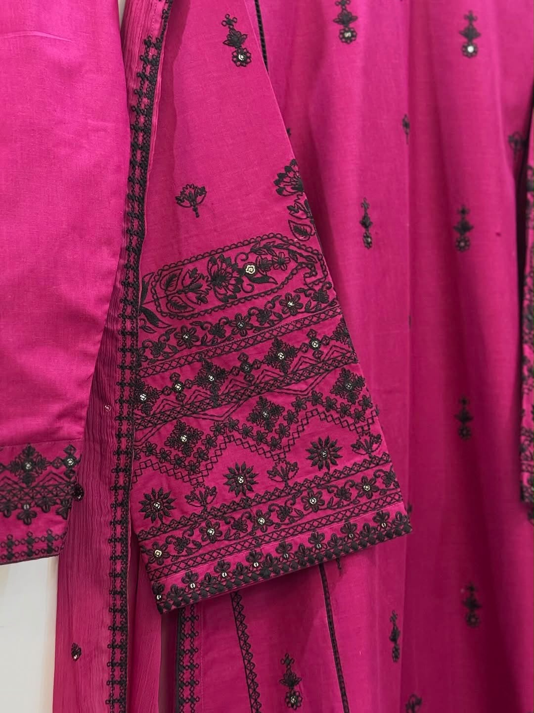 Women’s Rani Pink Embroidered Straight Kurta Pant Set with Dupatta