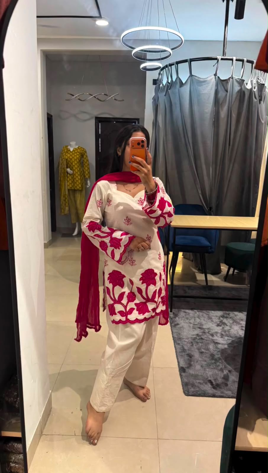 Ivory & Deep Pink Cutwork Embroidered Straight Kurta Set