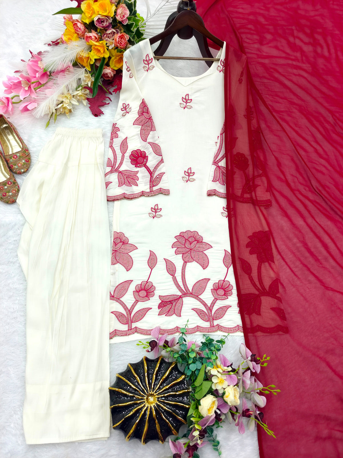 Ivory & Deep Pink Cutwork Embroidered Straight Kurta Set