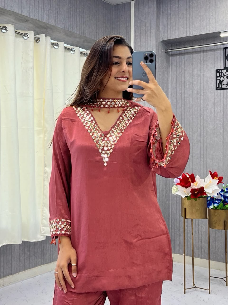 Paired with Hand Zari -Mirror work   & Glass Moti Lace Work.
