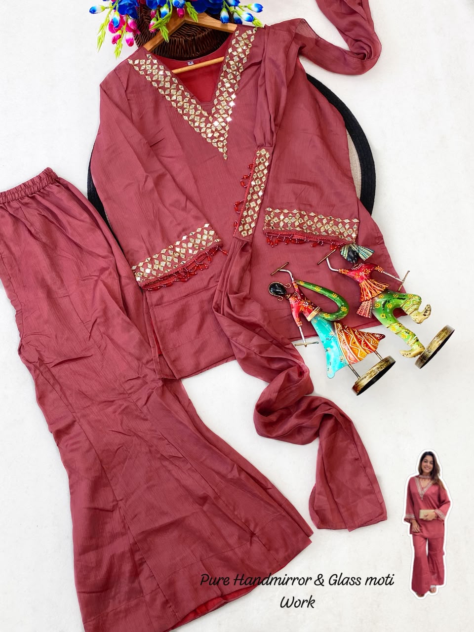 Paired with Hand Zari -Mirror work   & Glass Moti Lace Work.