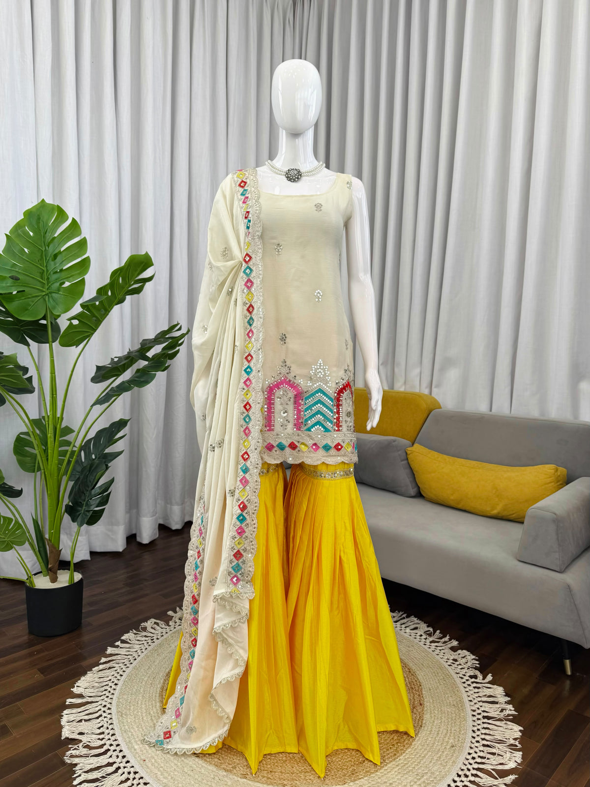 Festive Ivory Short Kurta with Bright Yellow Sharara & Lace-Trimmed Dupatta