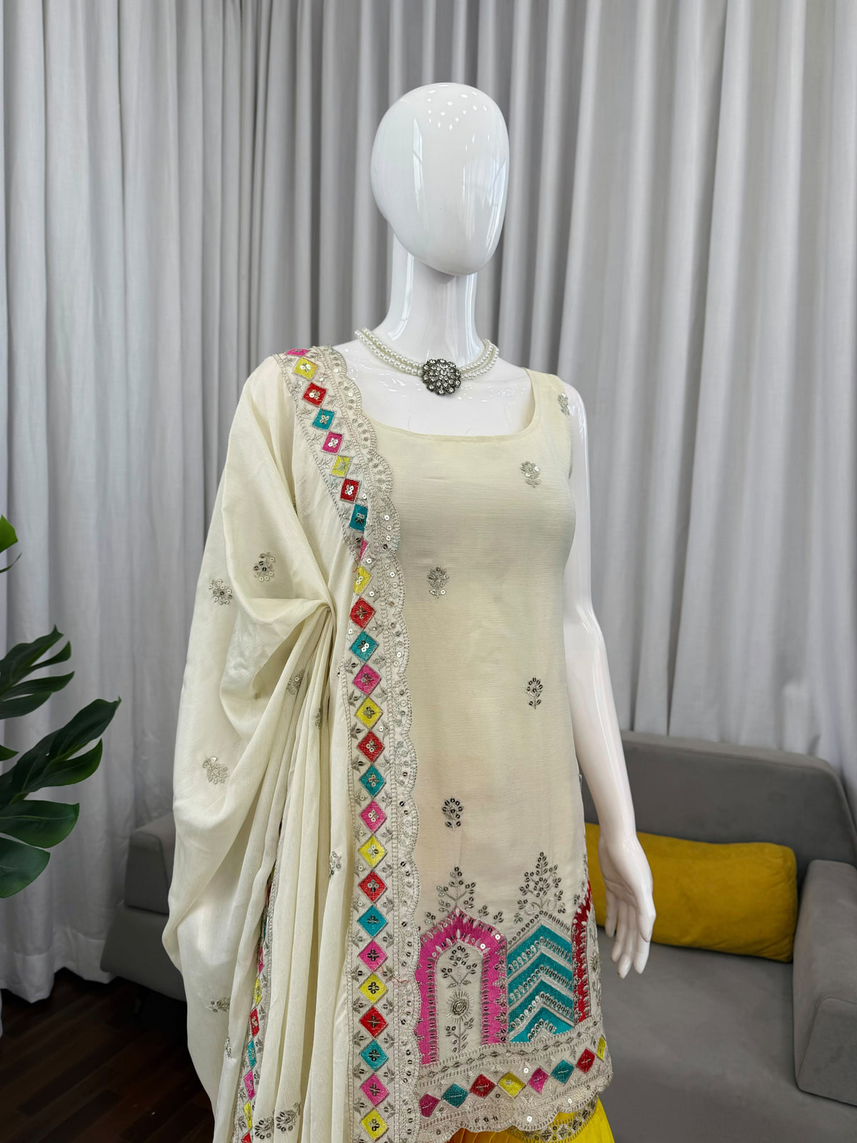 Festive Ivory Short Kurta with Bright Yellow Sharara & Lace-Trimmed Dupatta
