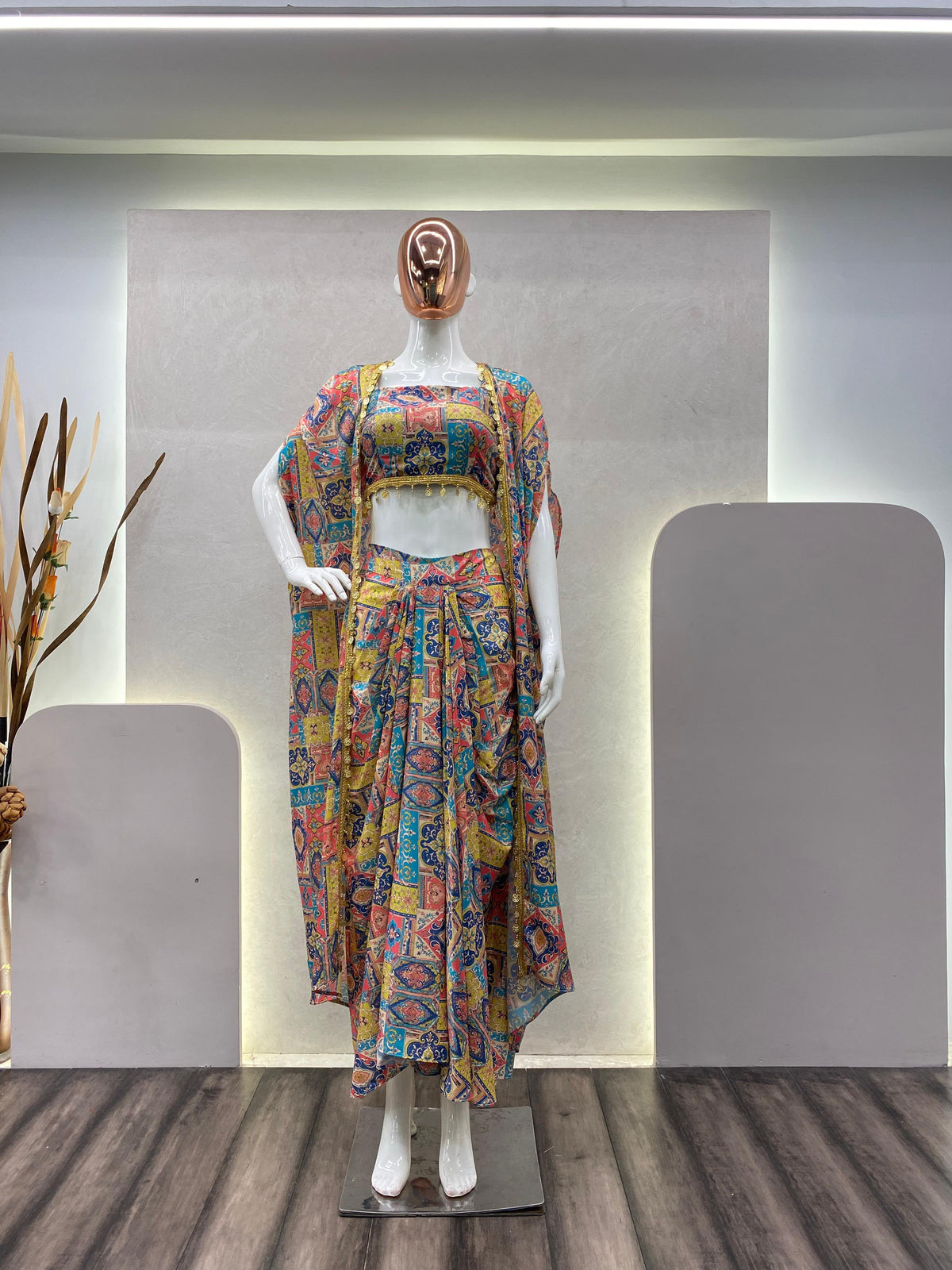 Bohemian Printed Crop Top, Draped Skirt & Cape Set with Shell Trim Accent With Unstitched Blouse