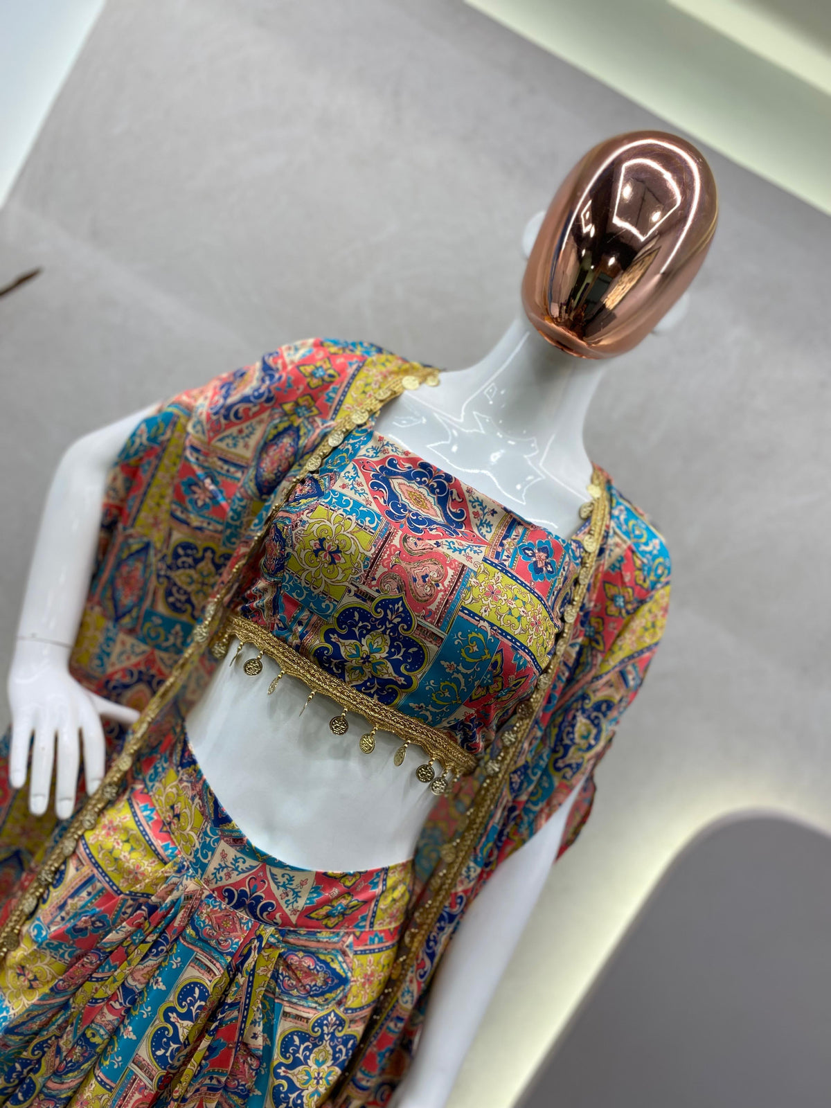 Bohemian Printed Crop Top, Draped Skirt & Cape Set with Shell Trim Accent With Unstitched Blouse