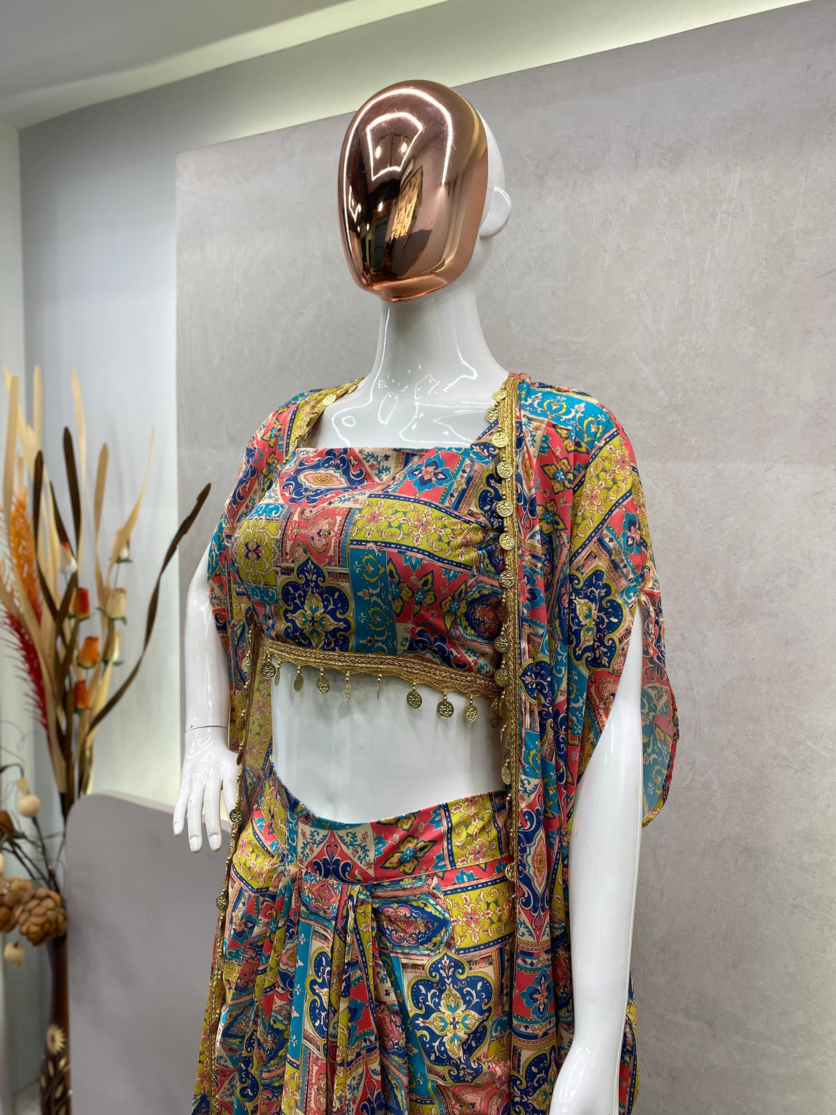 Bohemian Printed Crop Top, Draped Skirt & Cape Set with Shell Trim Accent With Unstitched Blouse
