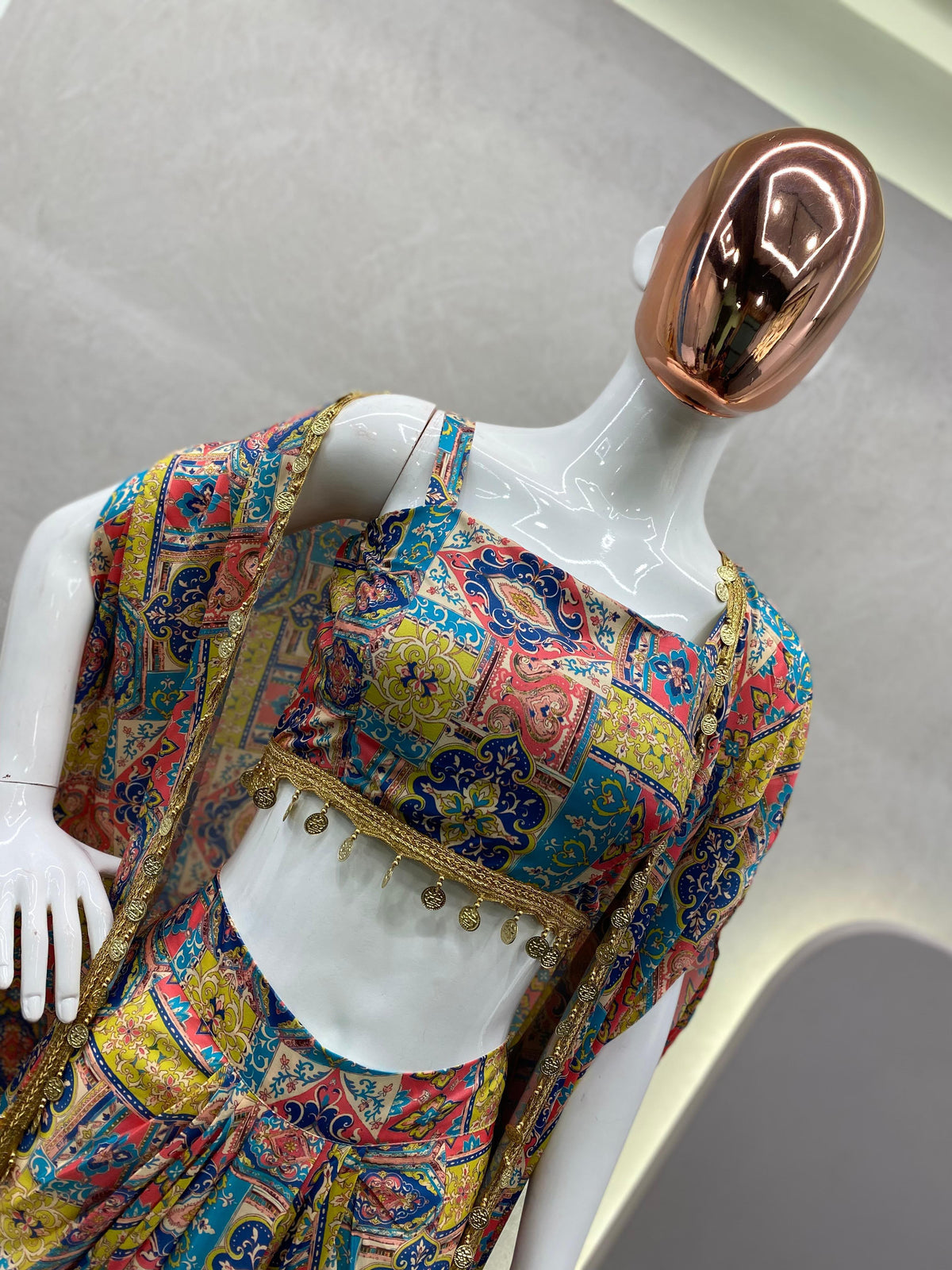 Bohemian Printed Crop Top, Draped Skirt & Cape Set with Shell Trim Accent With Unstitched Blouse